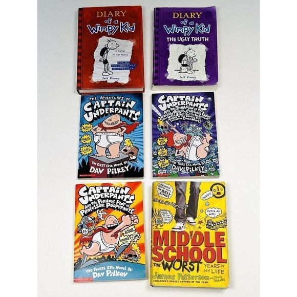Lot 6 Captain Underpants & Diary of a Wimpy Kid BOOKS Dav Pilkey Jeff Kinney EUC - Picture 2 of 3